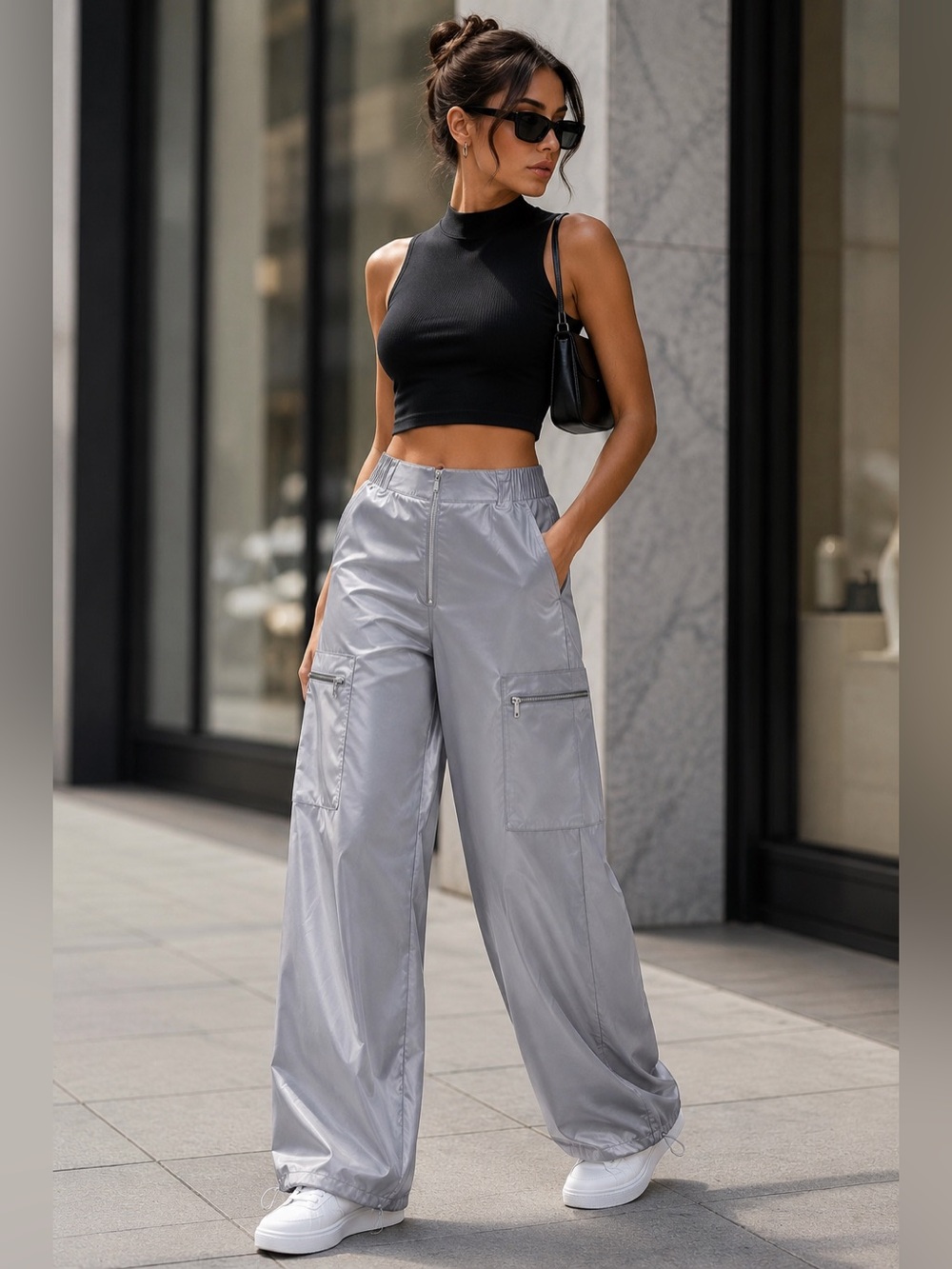 Zara Gray Satin Cargo Parachute Pants Wide Leg Size S - Picture 4 of 14